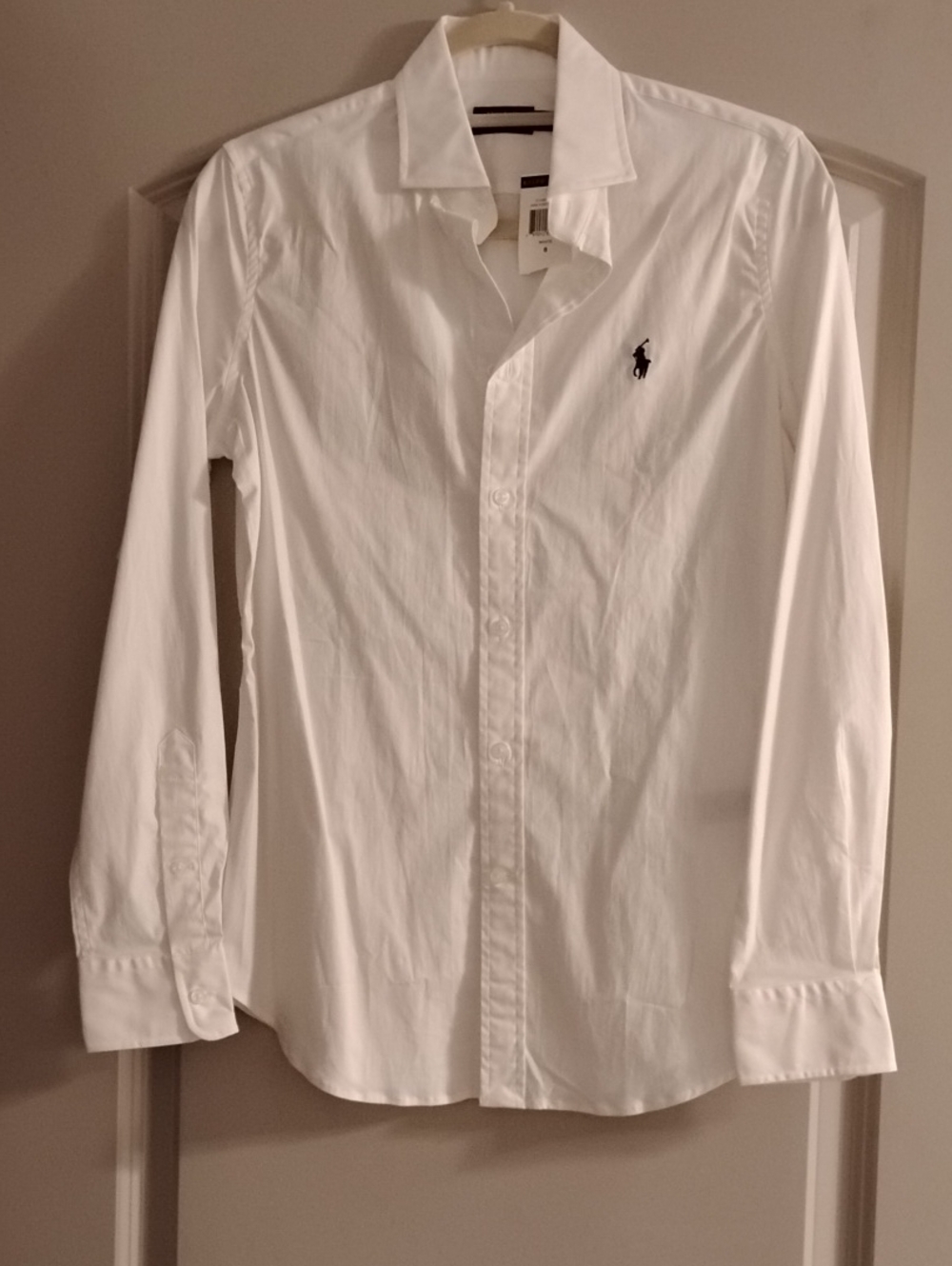 Ralph Lauren White Long-Sleeve Button-Down Dress Shirt with Navy Pony